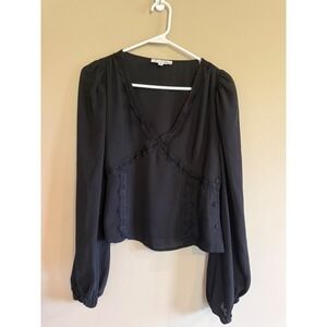Love Whit by Whitney Port Black Lace‎ Trim V-Neck Puff Sleeve Blouse Small